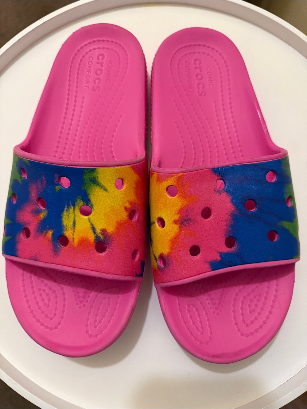 CROCS Pink Tie-Dye Slide Sandals with Multicolor Strap